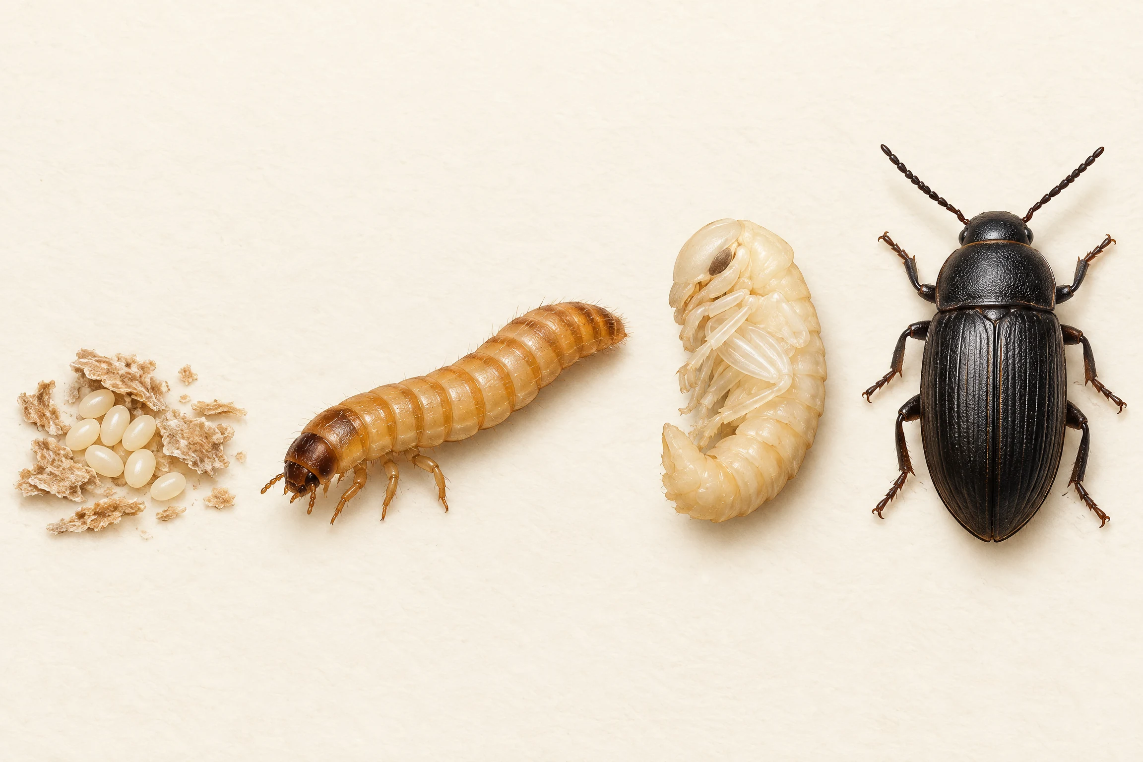 The four mealworm life stages shown from left to right: pale eggs, a golden-brown larva, a cream-colored pupa, and a dark adult beetle.